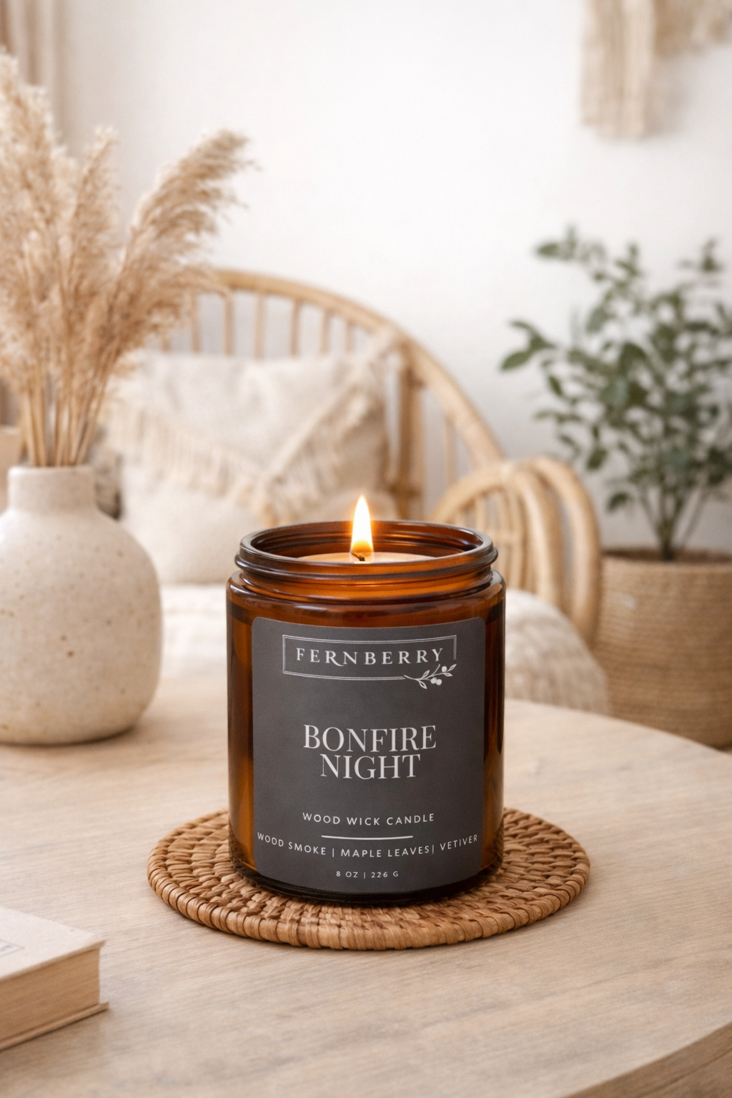 Fernberry Bonfire Night candle on a table with a blurred background