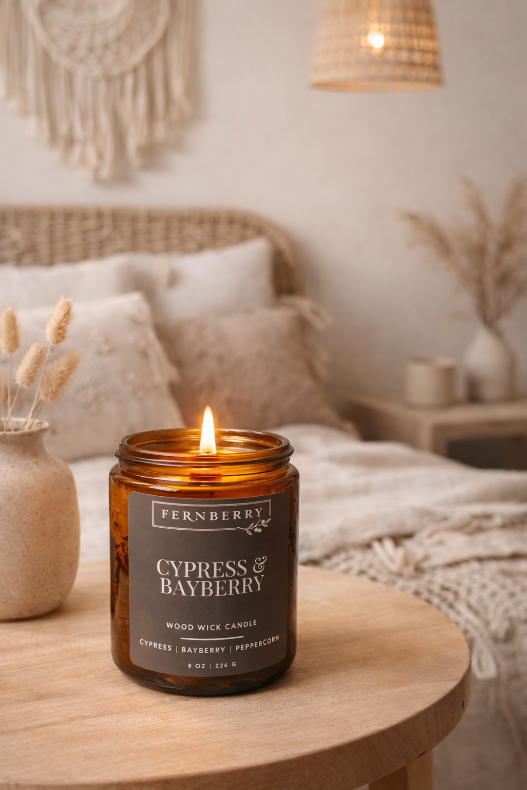 Fernberry Cypress & Bayberry candle on a wooden table in a cozy room.