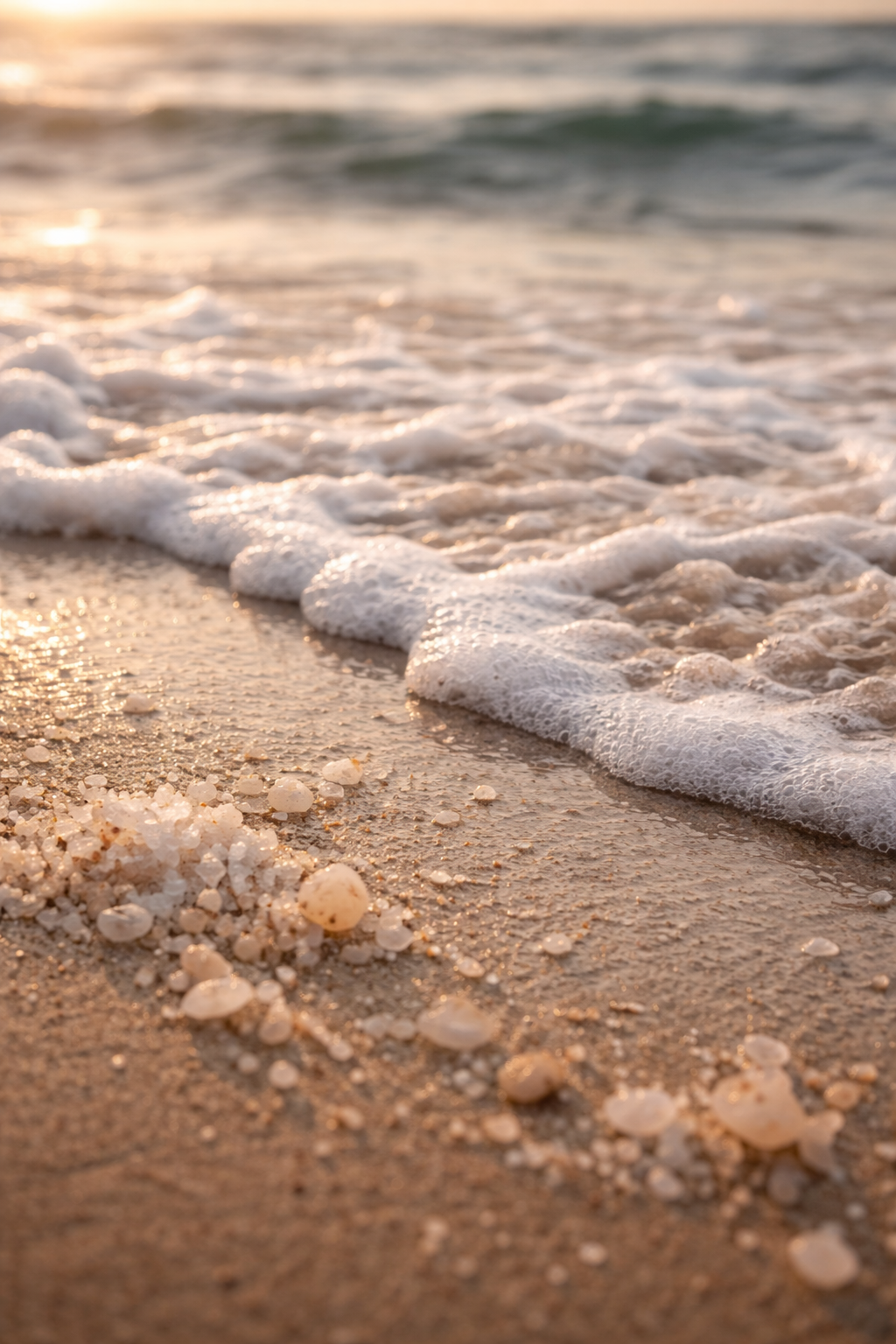 Foamy waves on a sandy beach with a warm glow