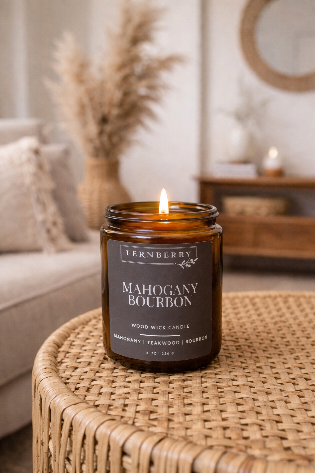 Fernberry Mahogany Bourbon candle on a wicker table in a cozy living room.