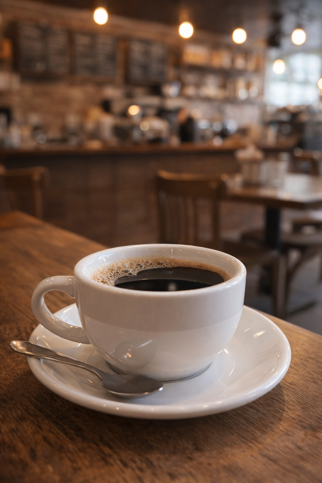 White coffee cup with dark coffee on a wooden table in a cozy cafe setting.