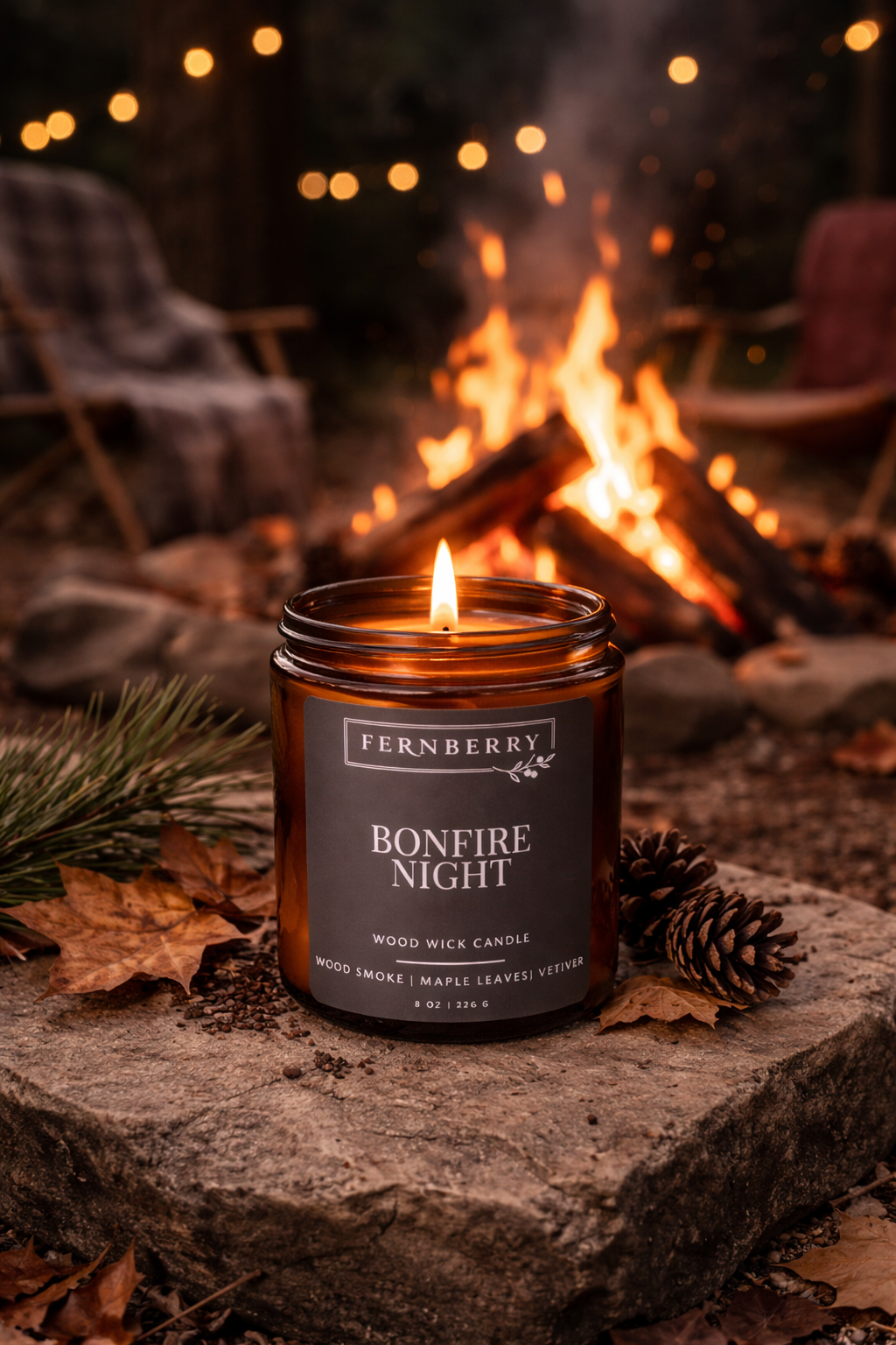 Fernberry Bonfire Night candle with a campfire in the background