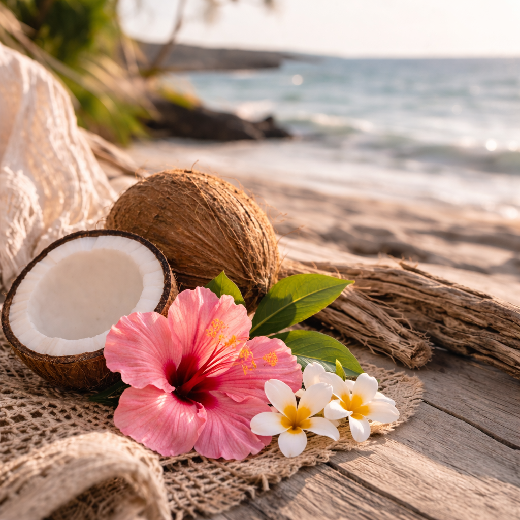 Coconuts and flowers on a wooden surface with a beach background