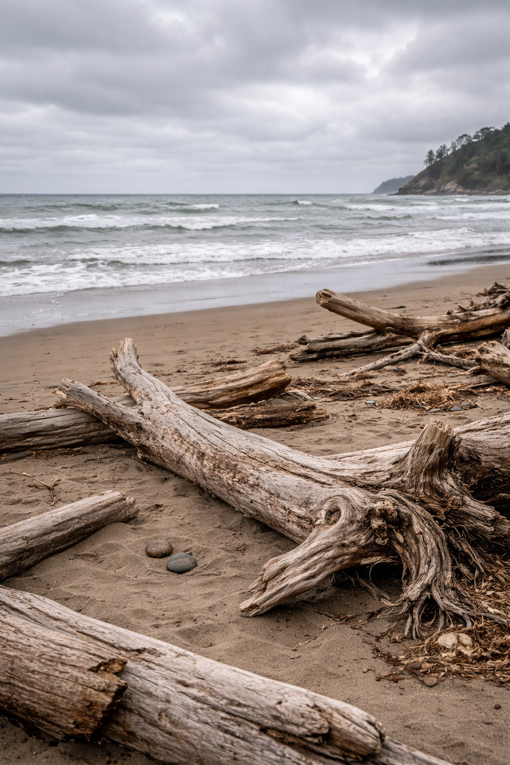 Driftwood on a beach with a cloudy sky