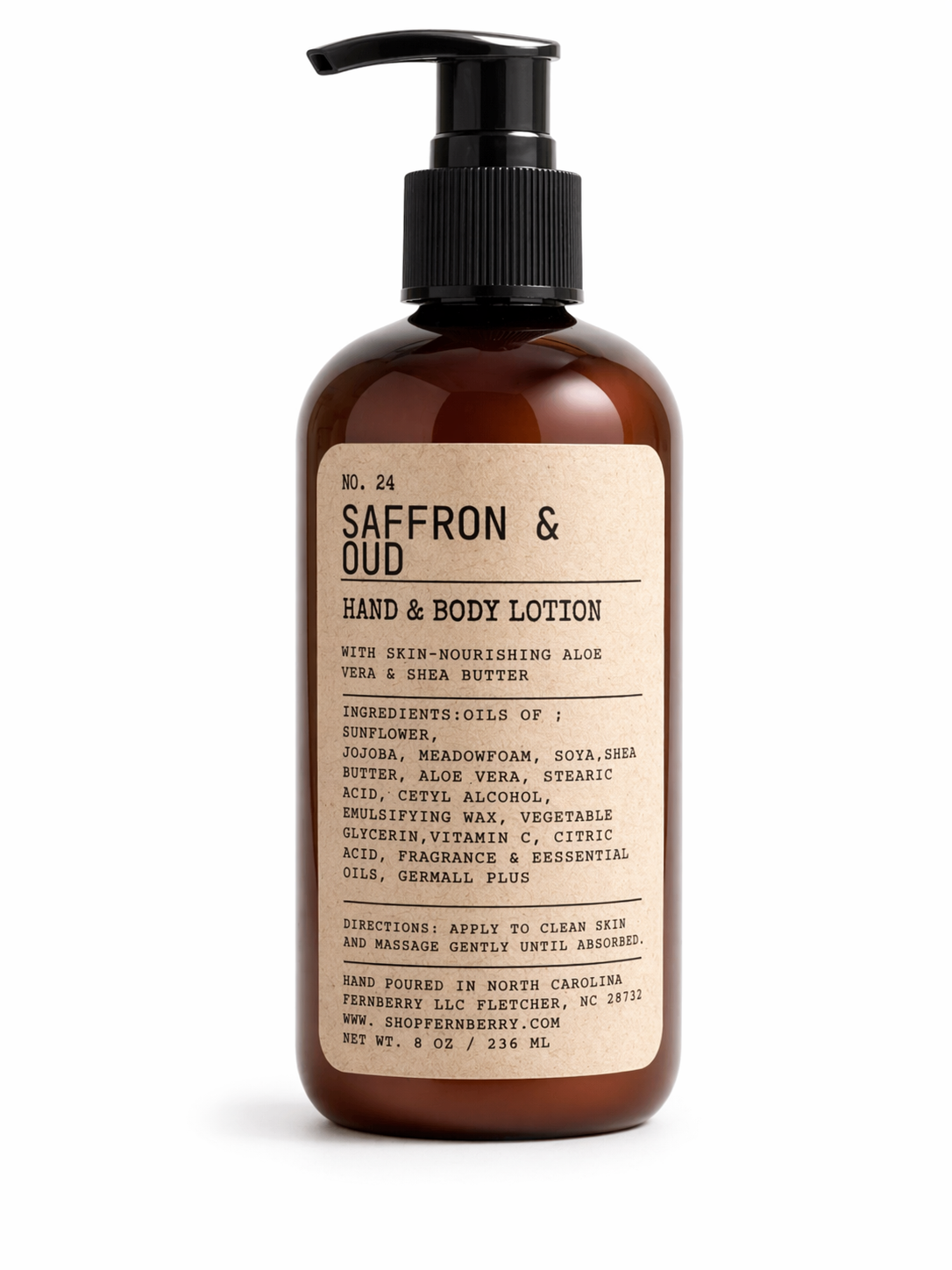 Hand and body lotion bottle labeled 'Saffron & Oud' on a white background