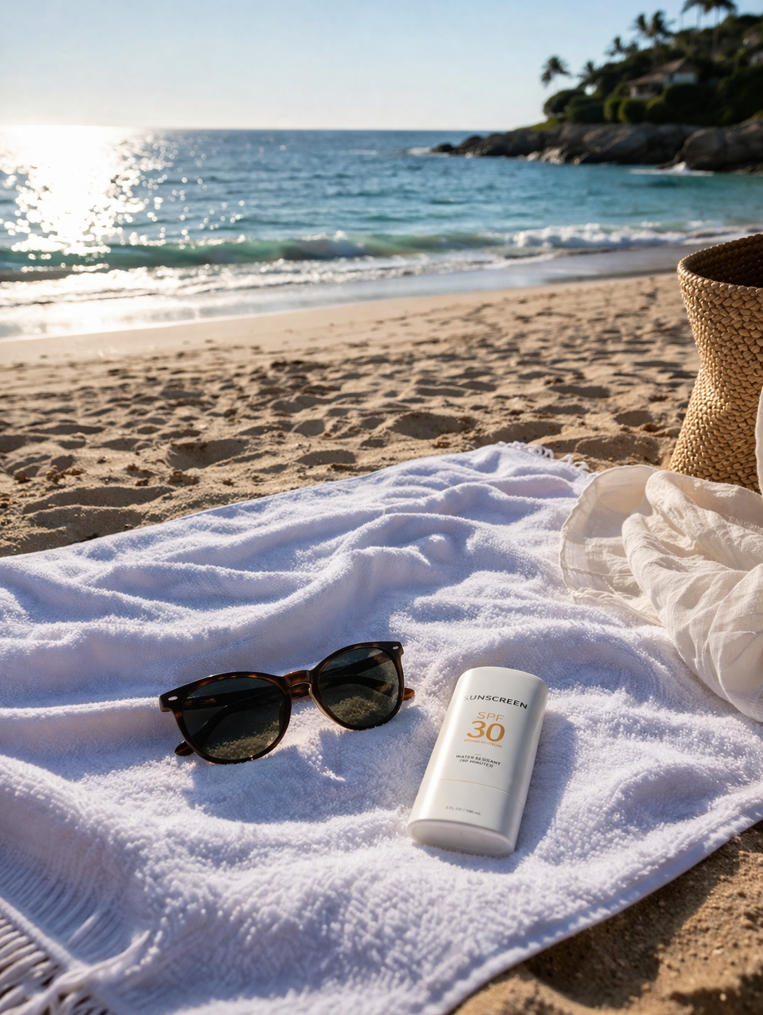 Sunscreen bottle, sunglasses, and towel on a beach with ocean view