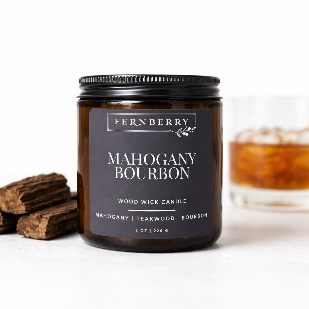 Fernberry Mahogany Bourbon candle with wooden sticks and a glass of whiskey on a white background