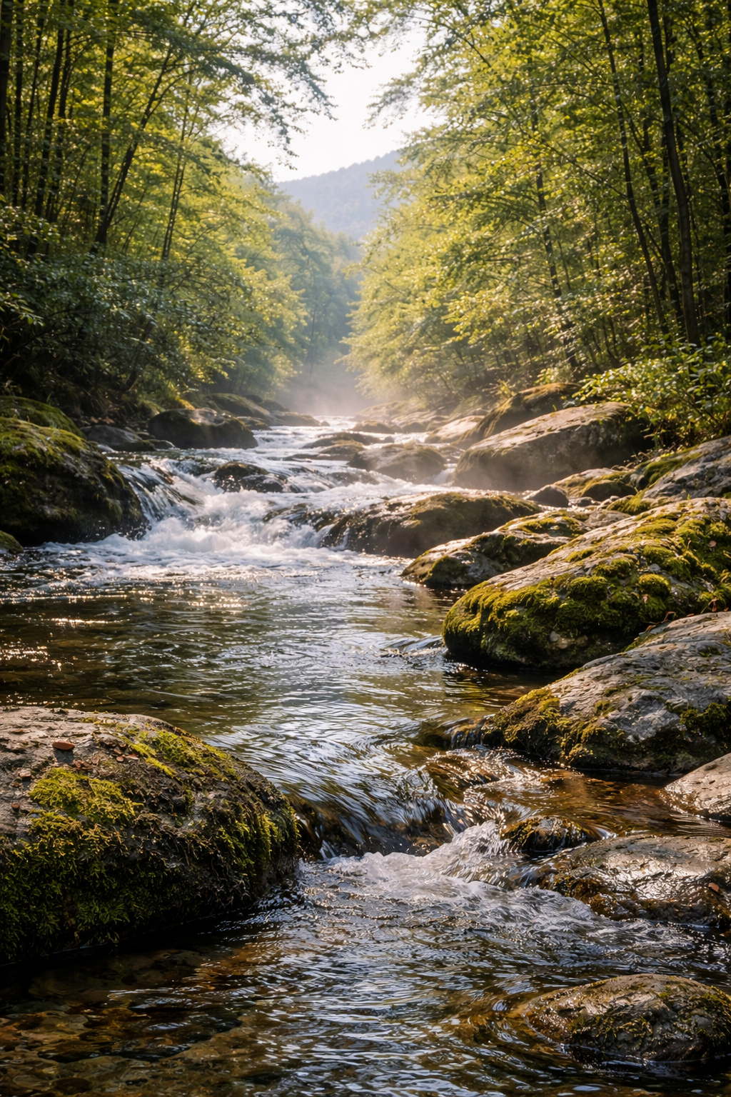 Stream flowing through a forest with green trees and rocks.