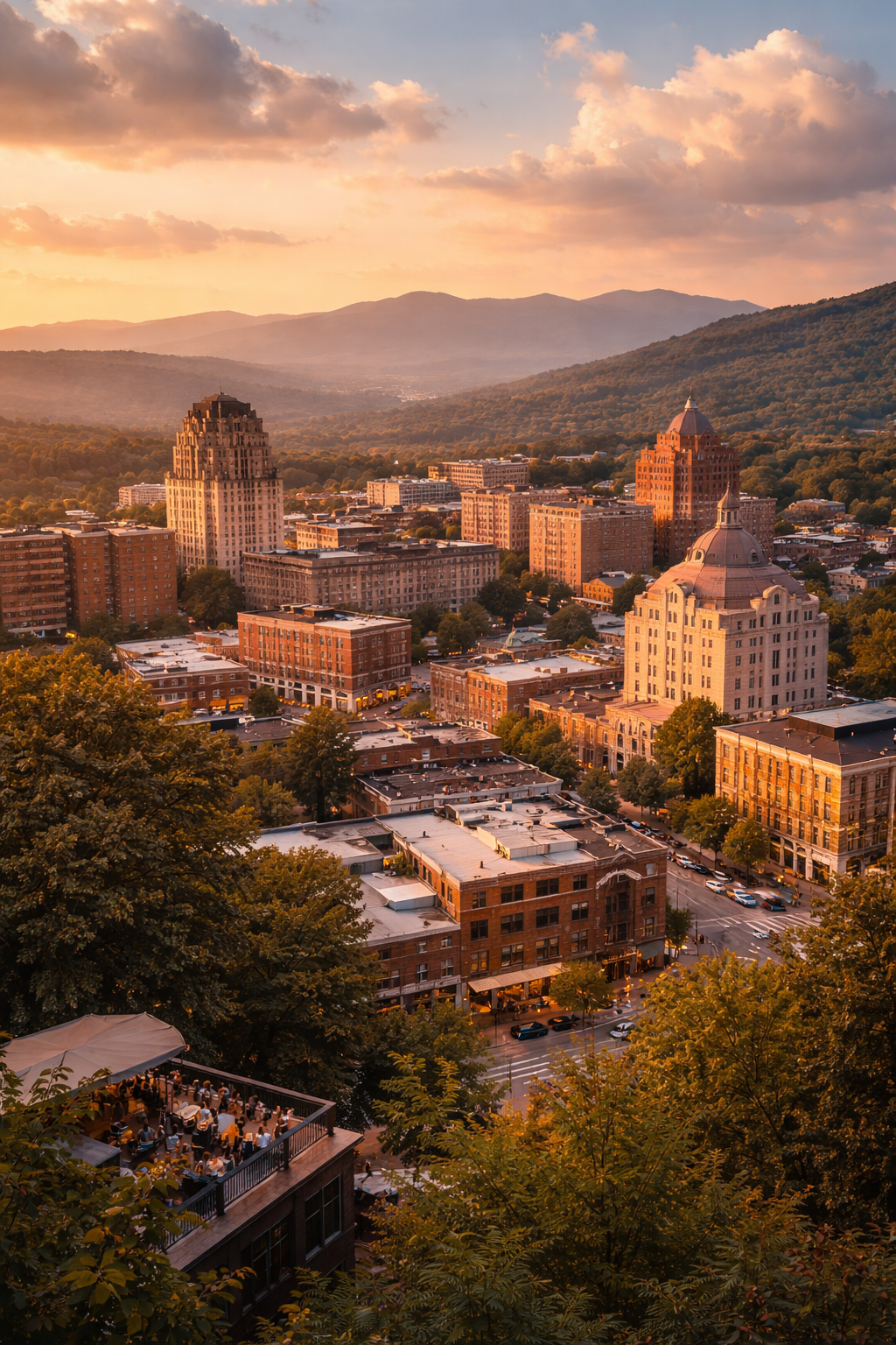 Cityscape with buildings and greenery during sunset asheville