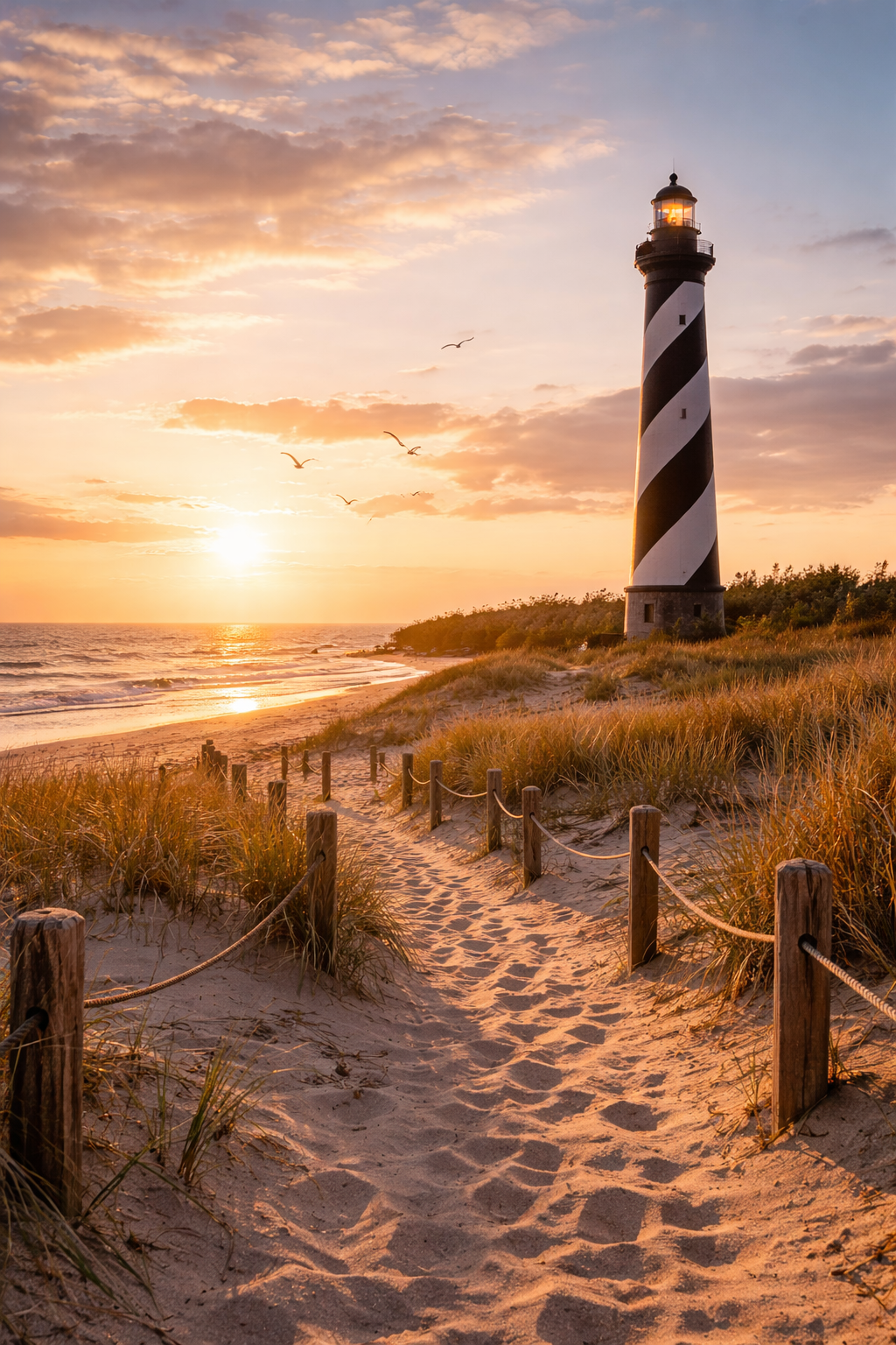 Lighthouse on a beach at sunset with a path leading up to it.